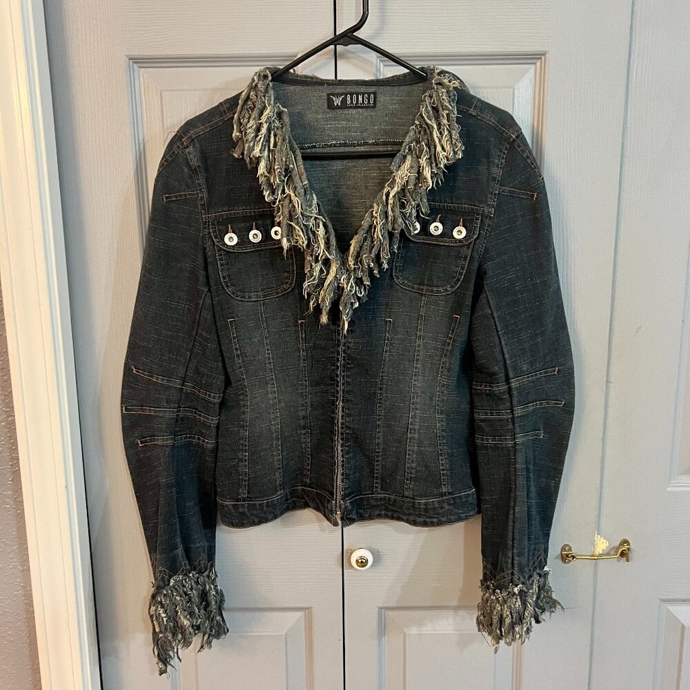 Distressed Fringe Stretch Denim/Jean Jacket By Bongo